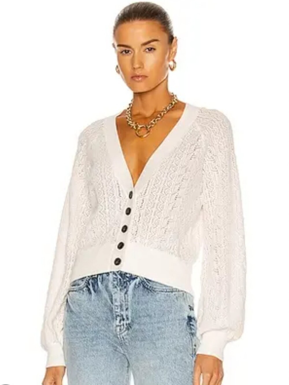 Frame Chain Lace  Open-Knit V-Neck Button Cardigan. Size Large